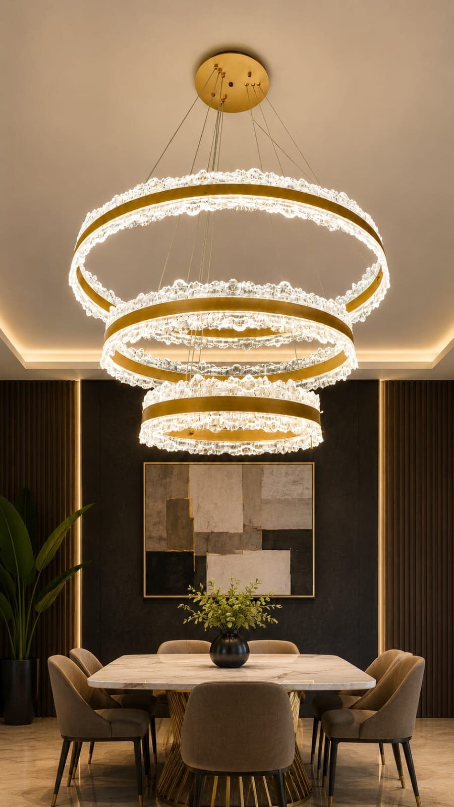 11-1.jpeg Triple Crystal Ring LED Chandelier – Luxury Modern Gold Pendant Light - Image 1