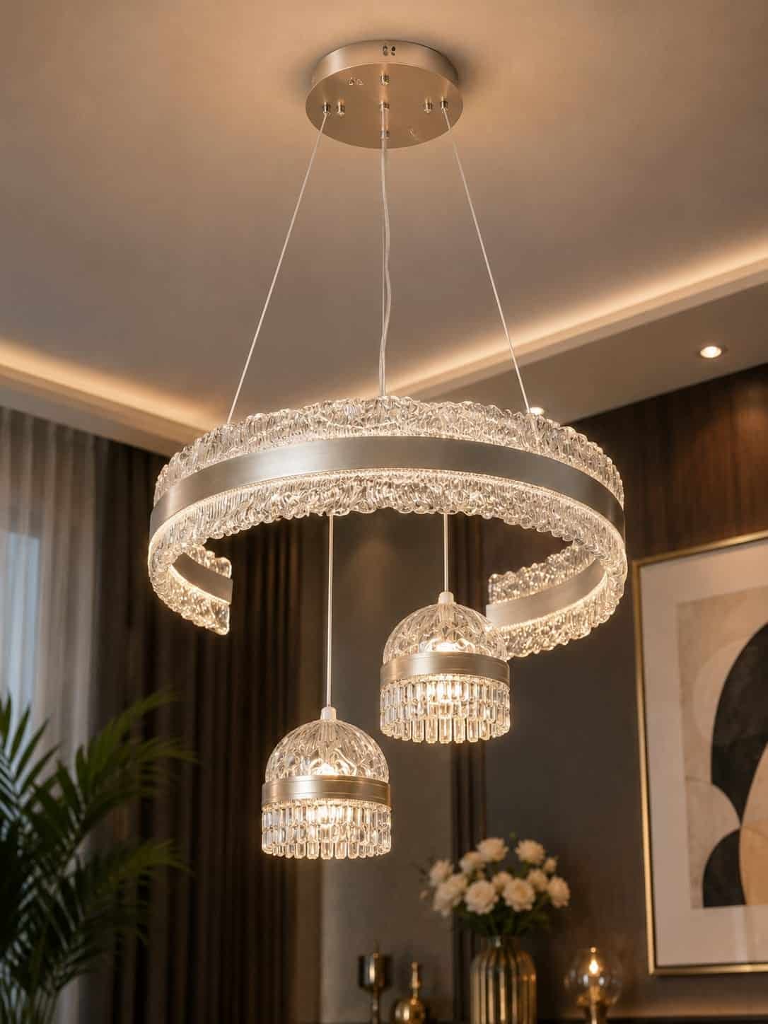 44.jpg Luxury Crystal Ring Pendant Chandelier with Dual Crystal Domes – Silver Finish - Image 1